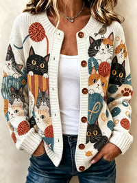 Tasha™ | Playful Cat Patchwork Style Knit Cardigan