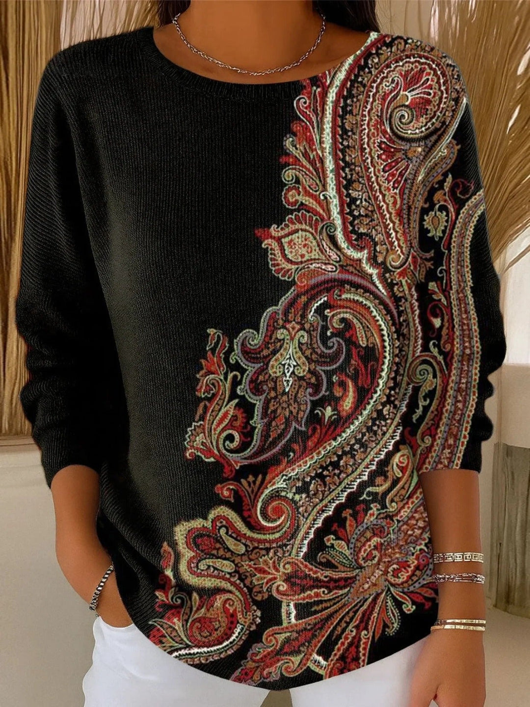 Women's Vintage Flower Art Printed Casual Pullover Sweater