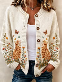 Whitney™ | Whimsical Cat Pattern Long Sleeve Cardigan