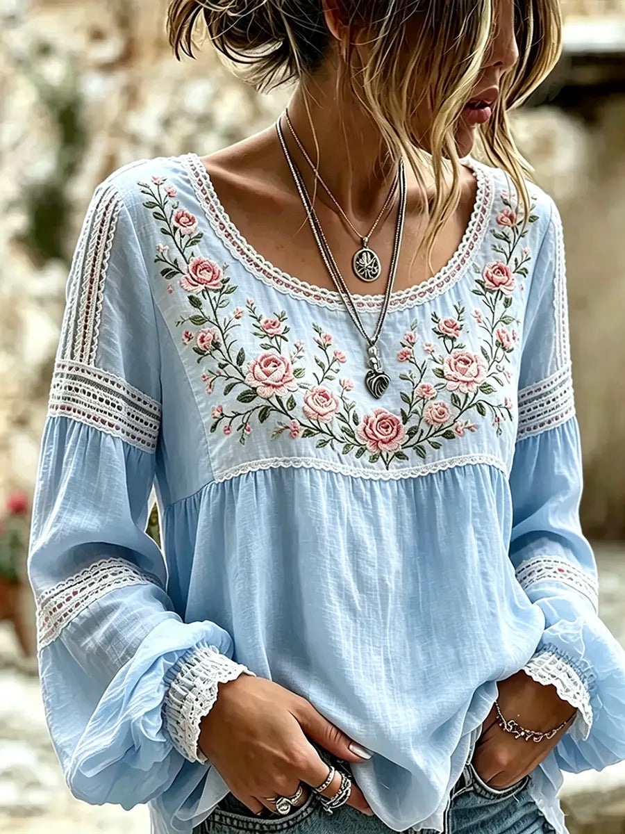 Amabel™ | Boho Floral Embroidered Blouse