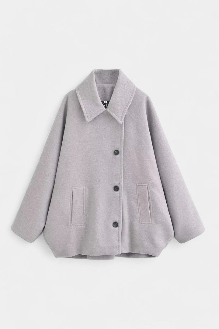 Ambreline Wool Coat with Notched Collar and Mid-Length Batwing Sleeves