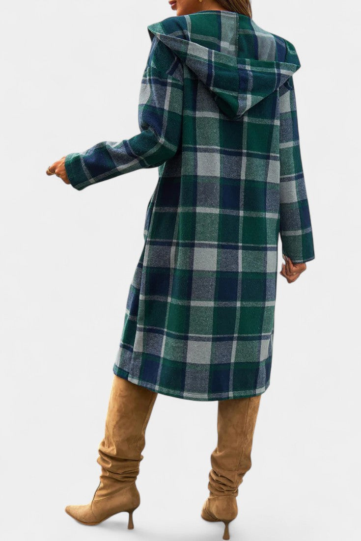 Sandrine Plaid Hooded Jacket with Brushed Texture and Button Closure