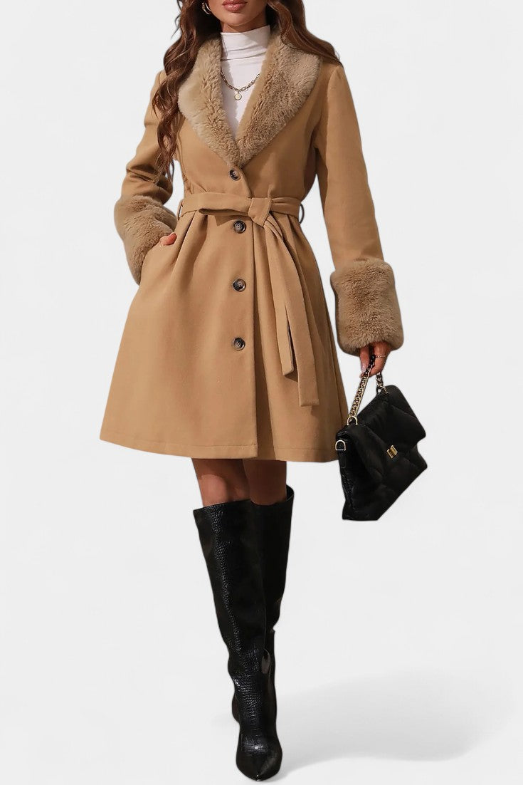 Colombine Belted Trapeze Coat with Faux Fur Accents
