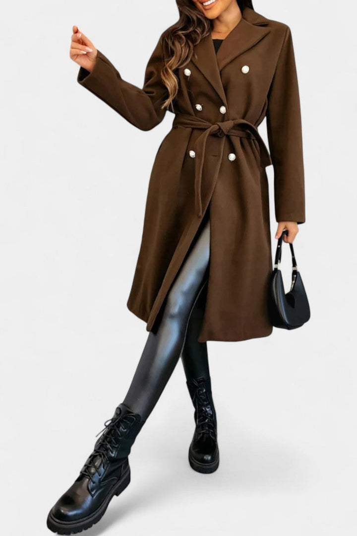 Miguelle Double-Breasted Coat Featuring a Stylish Tie Belt