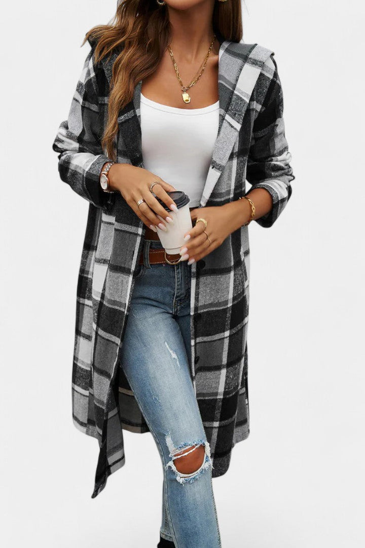 Sandrine Plaid Hooded Jacket with Brushed Texture and Button Closure