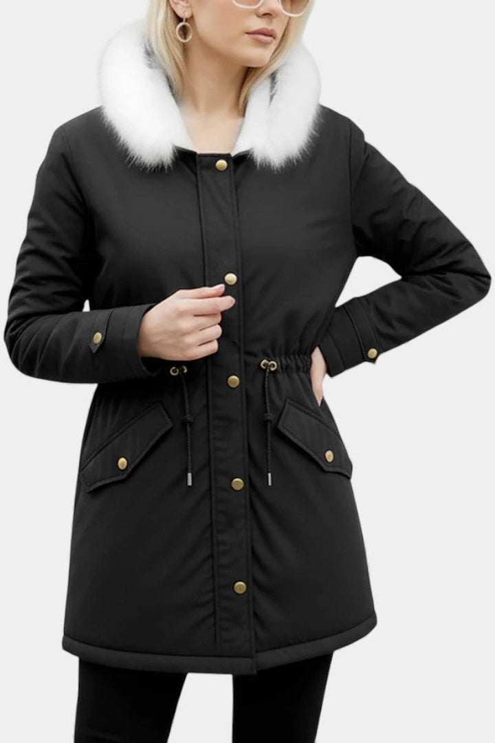 Lanra Belted Hooded Winter Parka with Faux Fur Trim