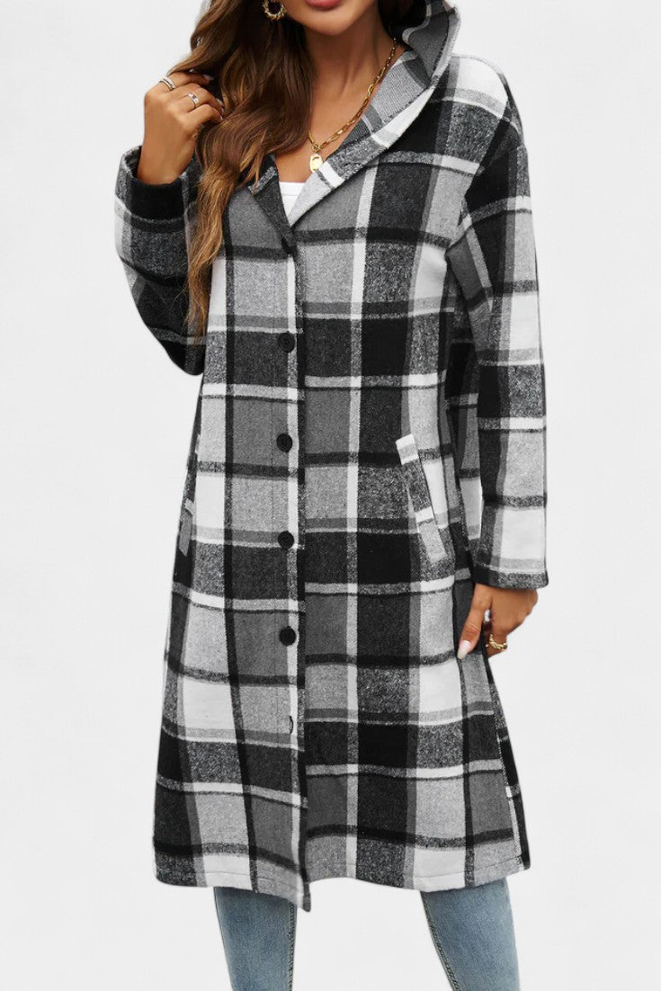Sandrine Plaid Hooded Jacket with Brushed Texture and Button Closure