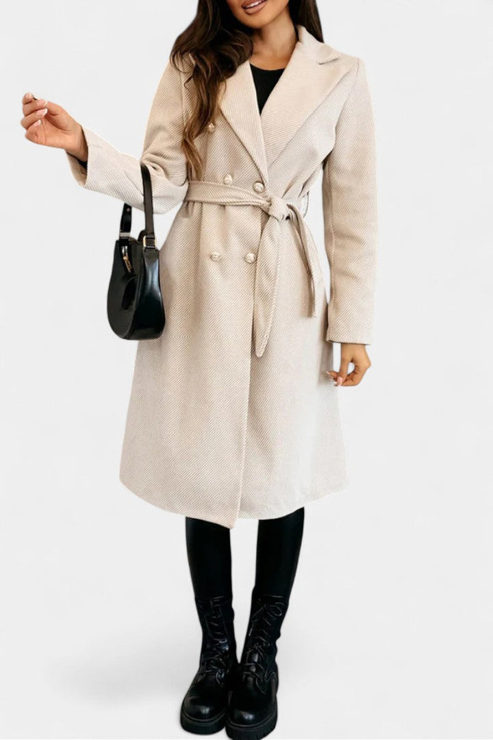 Miguelle Double-Breasted Coat Featuring a Stylish Tie Belt