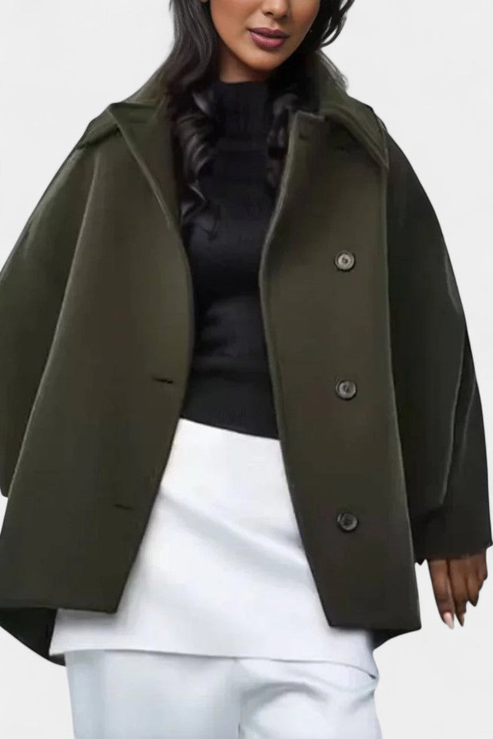 Ambreline Wool Coat with Notched Collar and Mid-Length Batwing Sleeves