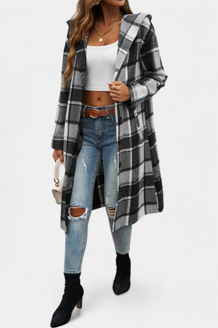 Sandrine Plaid Hooded Jacket with Brushed Texture and Button Closure