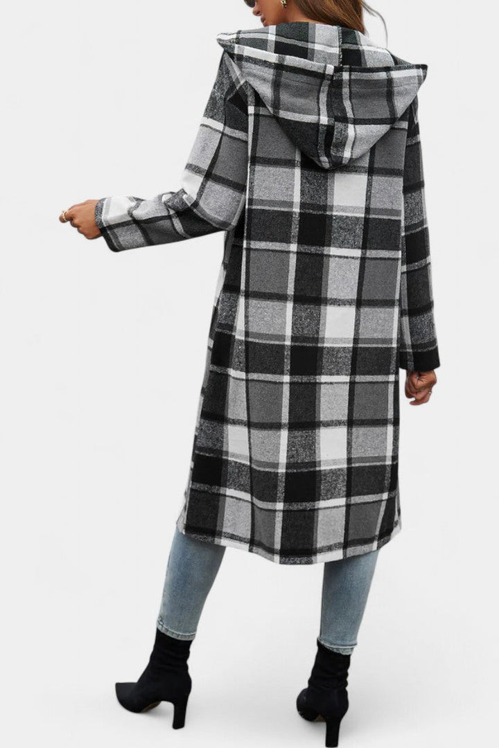 Sandrine Plaid Hooded Jacket with Brushed Texture and Button Closure