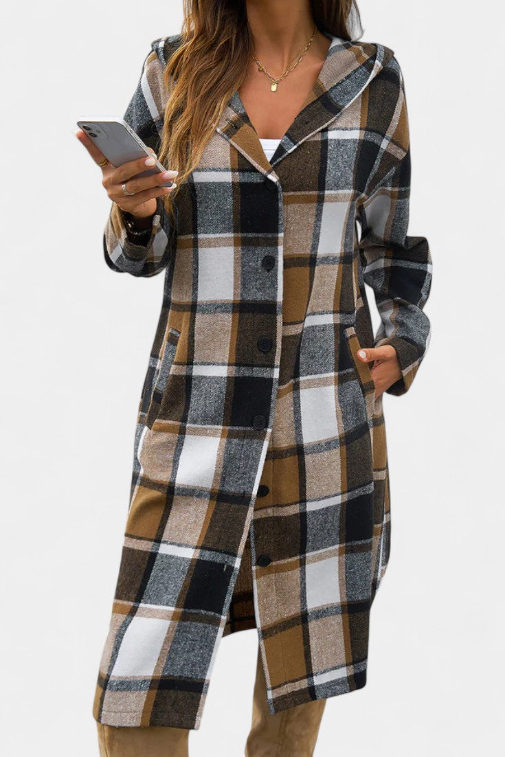 Sandrine Plaid Hooded Jacket with Brushed Texture and Button Closure