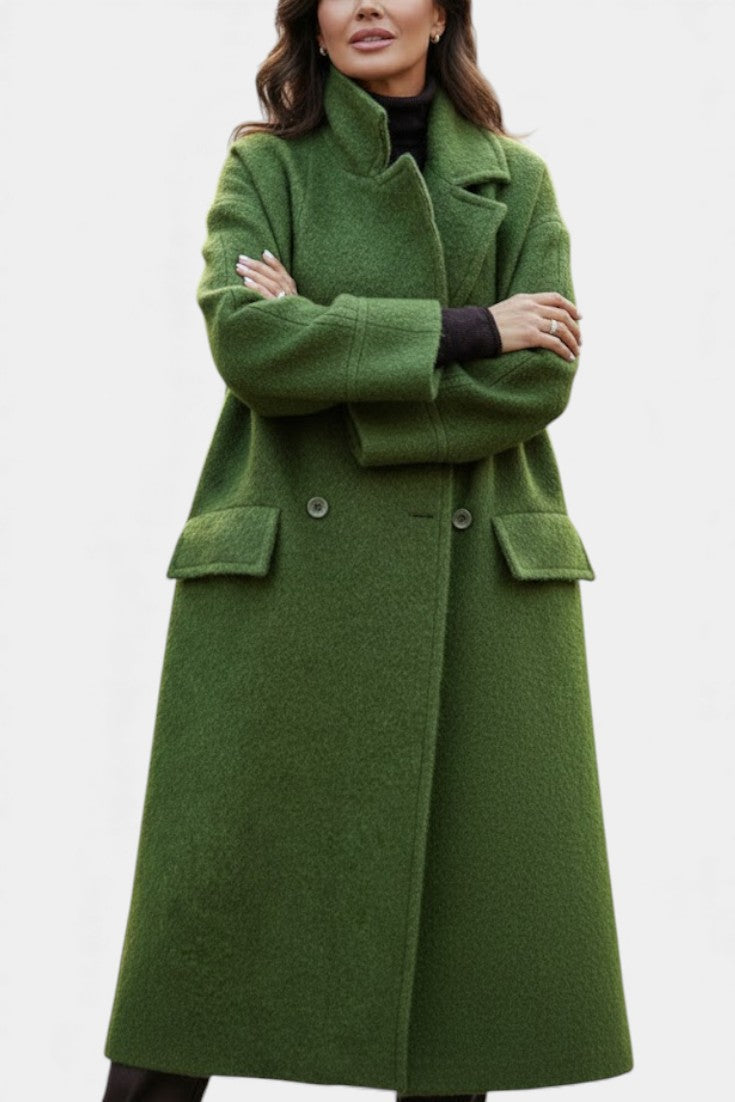 Camile Oversized Long Double-Breasted Coat with Notched Collar