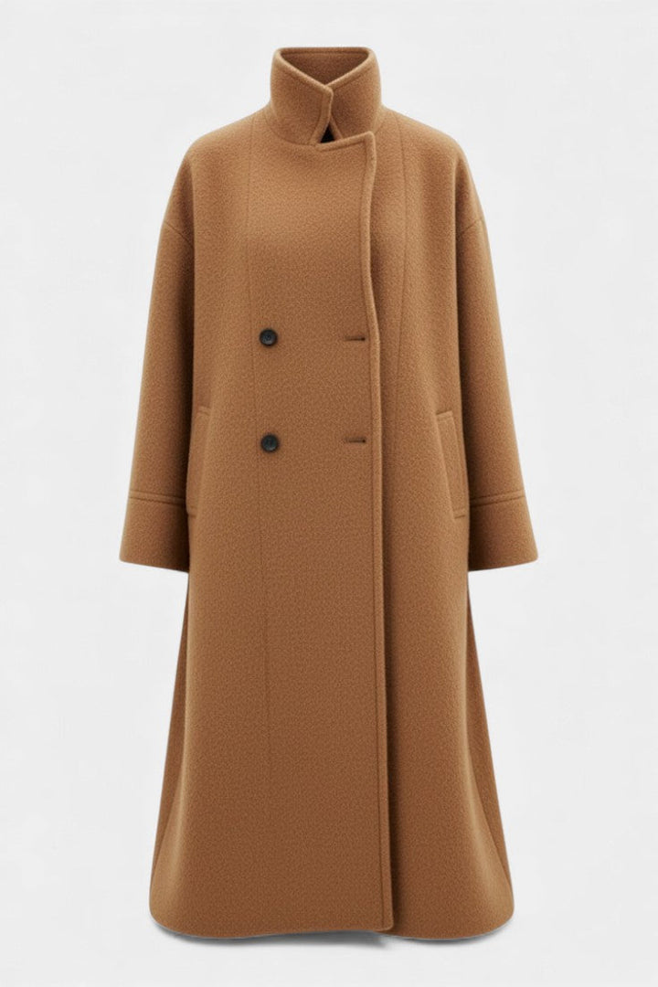 Camile Oversized Long Double-Breasted Coat with Notched Collar