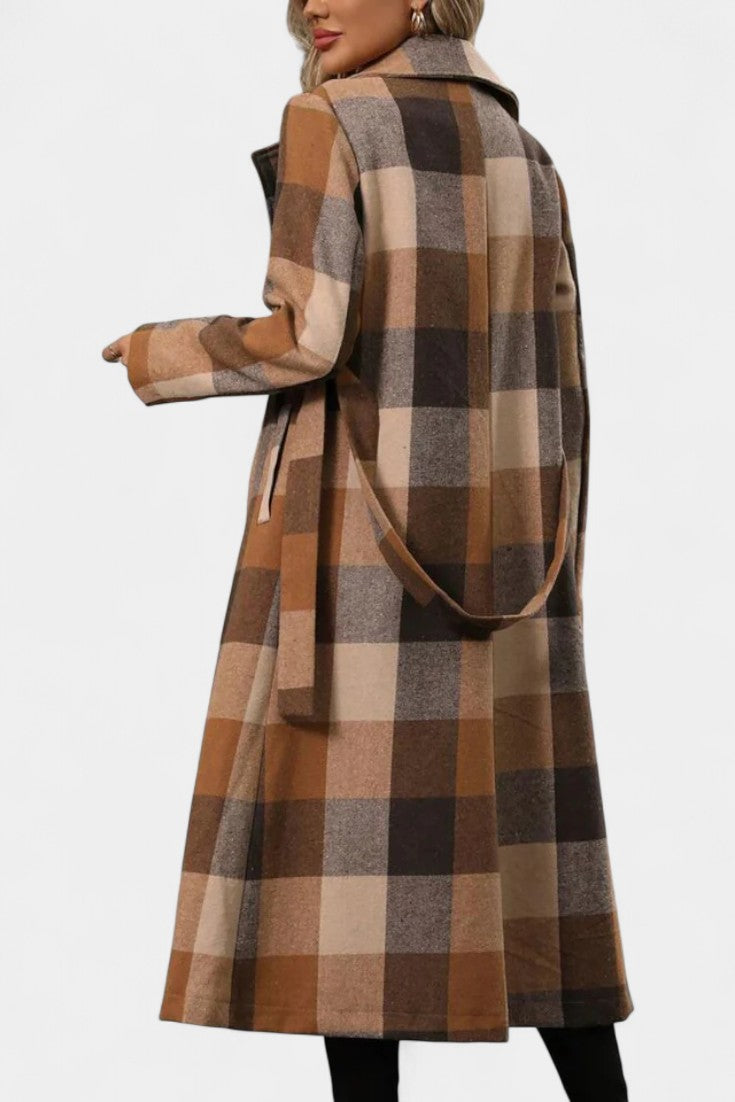 Mélissandre Long Plaid Double-Breasted Coat featuring Notched Collar