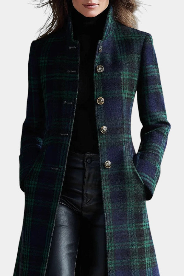 Caterina Two-Tone Blue-Green Retro Plaid Midi Coat