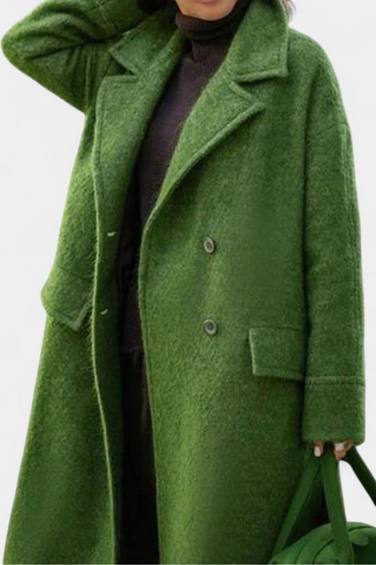 Camile Oversized Long Double-Breasted Coat with Notched Collar
