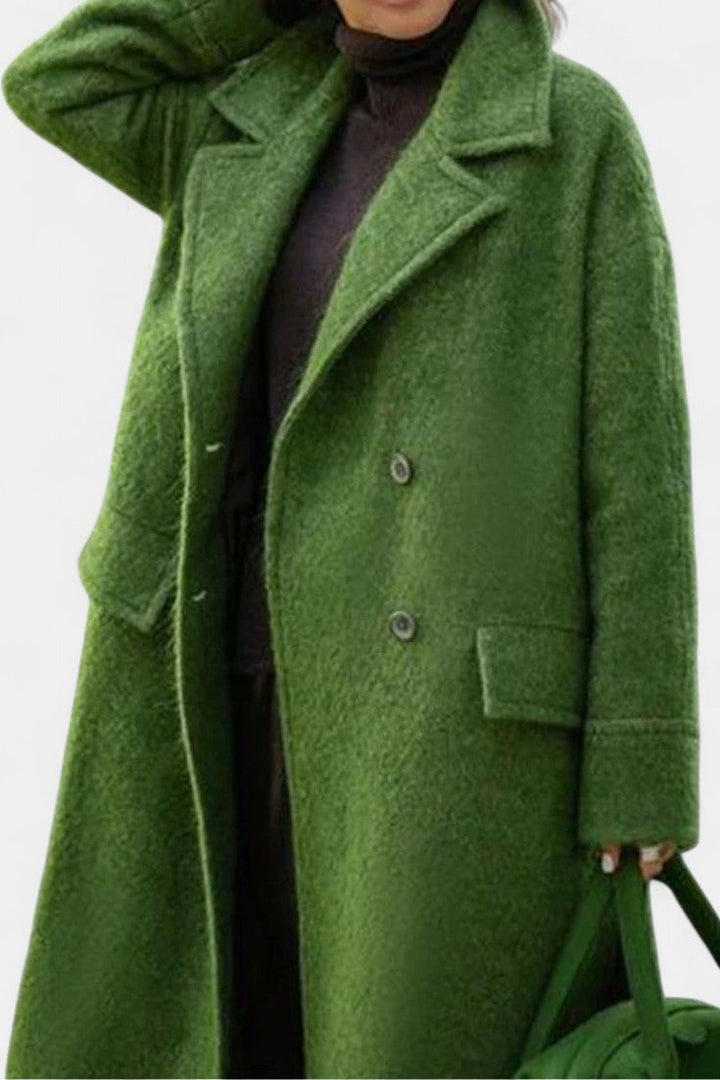 Camile Oversized Long Double-Breasted Coat with Notched Collar