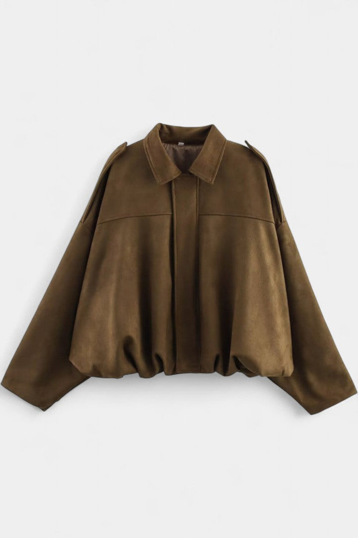 Monnie Suede Oversized Bomber Jacket with Structured Shoulders