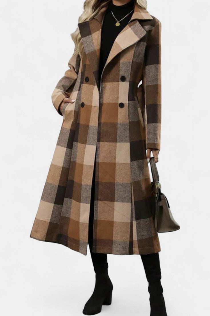 Mélissandre Long Plaid Double-Breasted Coat featuring Notched Collar