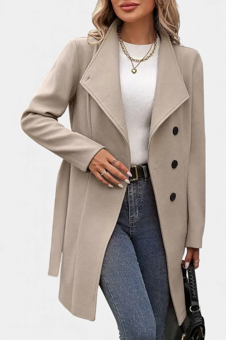 Yuliana Long Button-Up Coat with Waist Tie