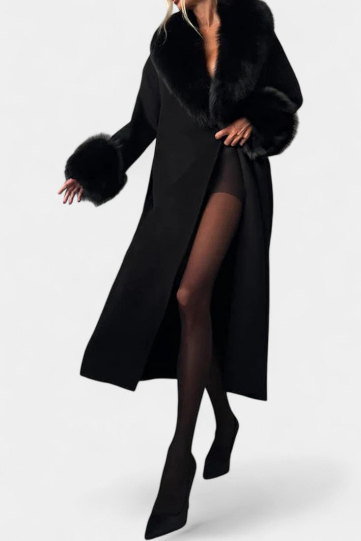 Lalie Long Coat with Faux Fur Trim and Belt