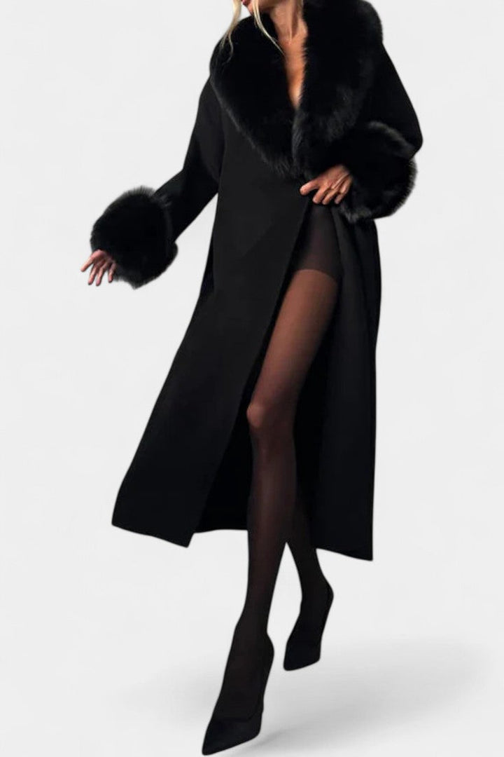 Lalie Long Coat with Faux Fur Trim and Belt