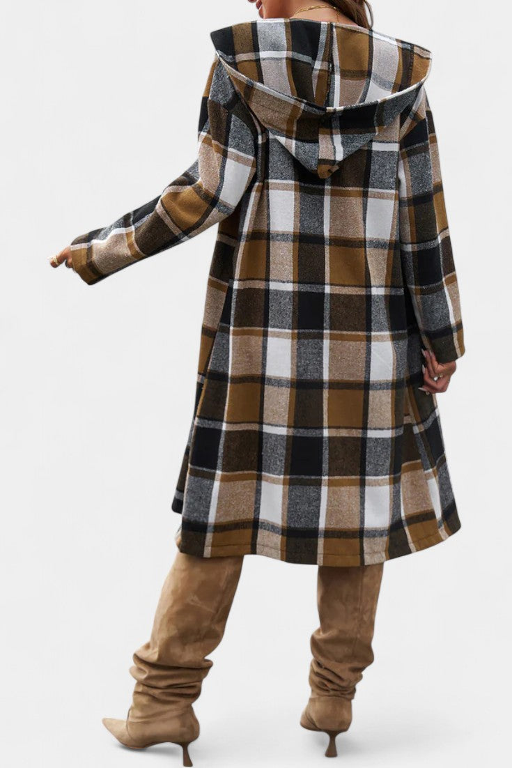 Sandrine Plaid Hooded Jacket with Brushed Texture and Button Closure