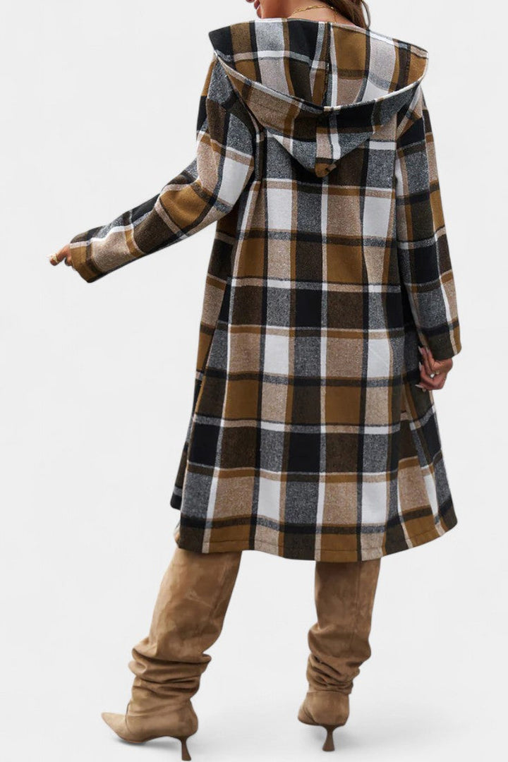 Sandrine Plaid Hooded Jacket with Brushed Texture and Button Closure