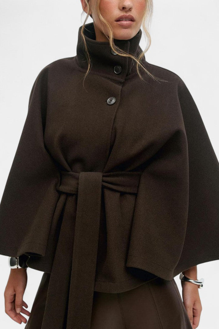 High-Collar Silke Wool Cape Coat with Belted Waist