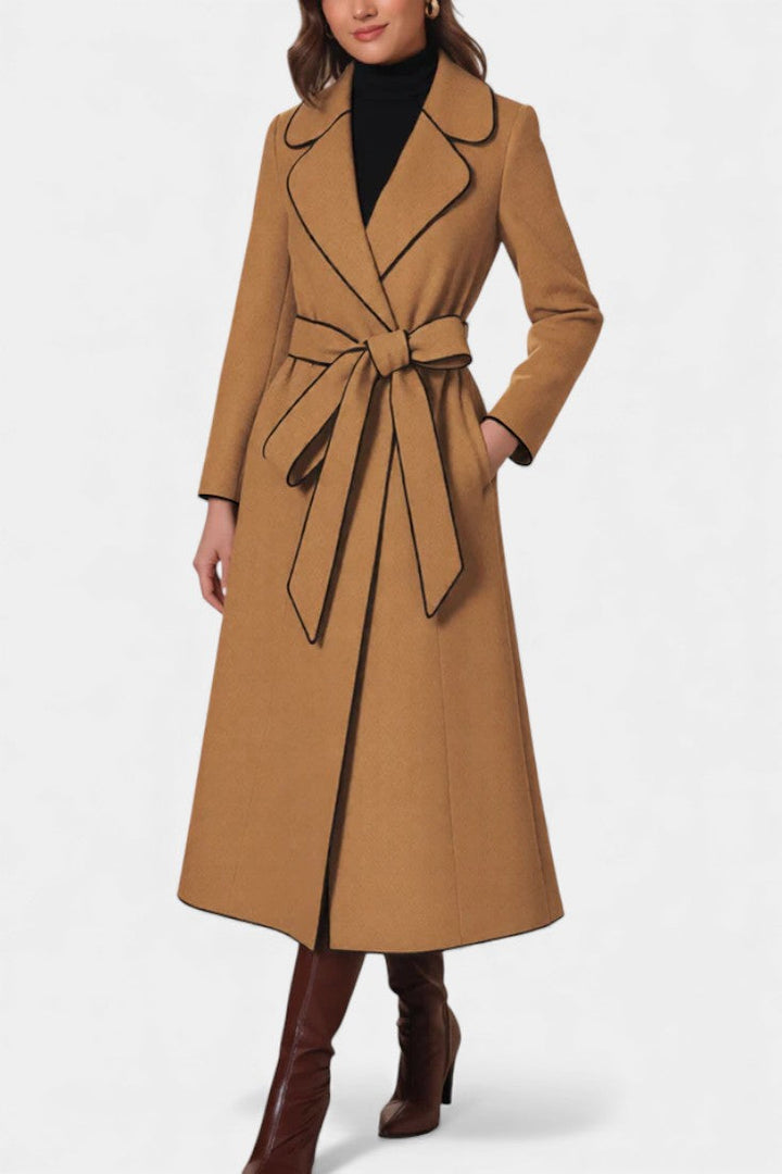 Floral Long Coat with Lapels and Vibrant Belt