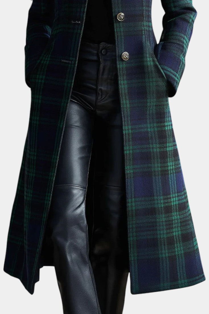 Caterina Two-Tone Blue-Green Retro Plaid Midi Coat