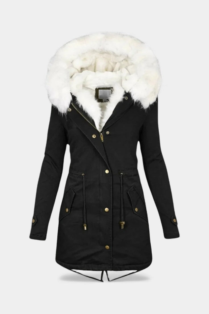 Lanra Belted Hooded Winter Parka with Faux Fur Trim