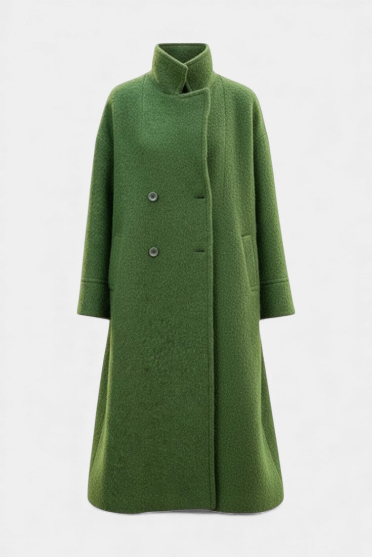 Camile Oversized Long Double-Breasted Coat with Notched Collar