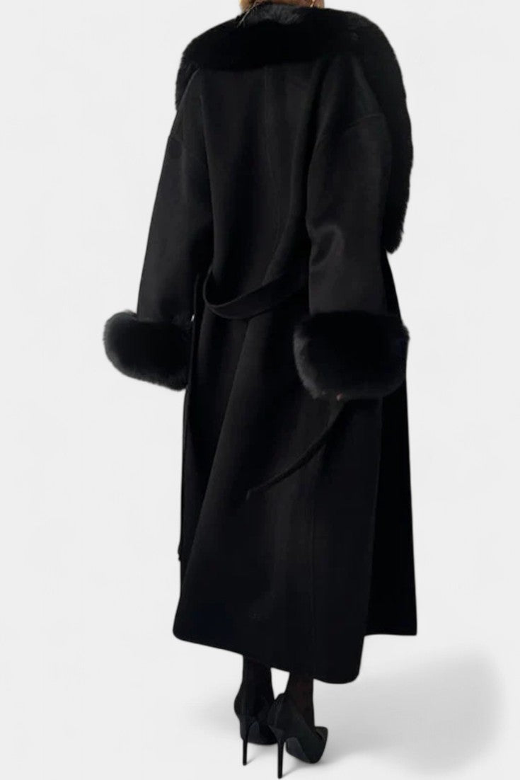 Lalie Long Coat with Faux Fur Trim and Belt