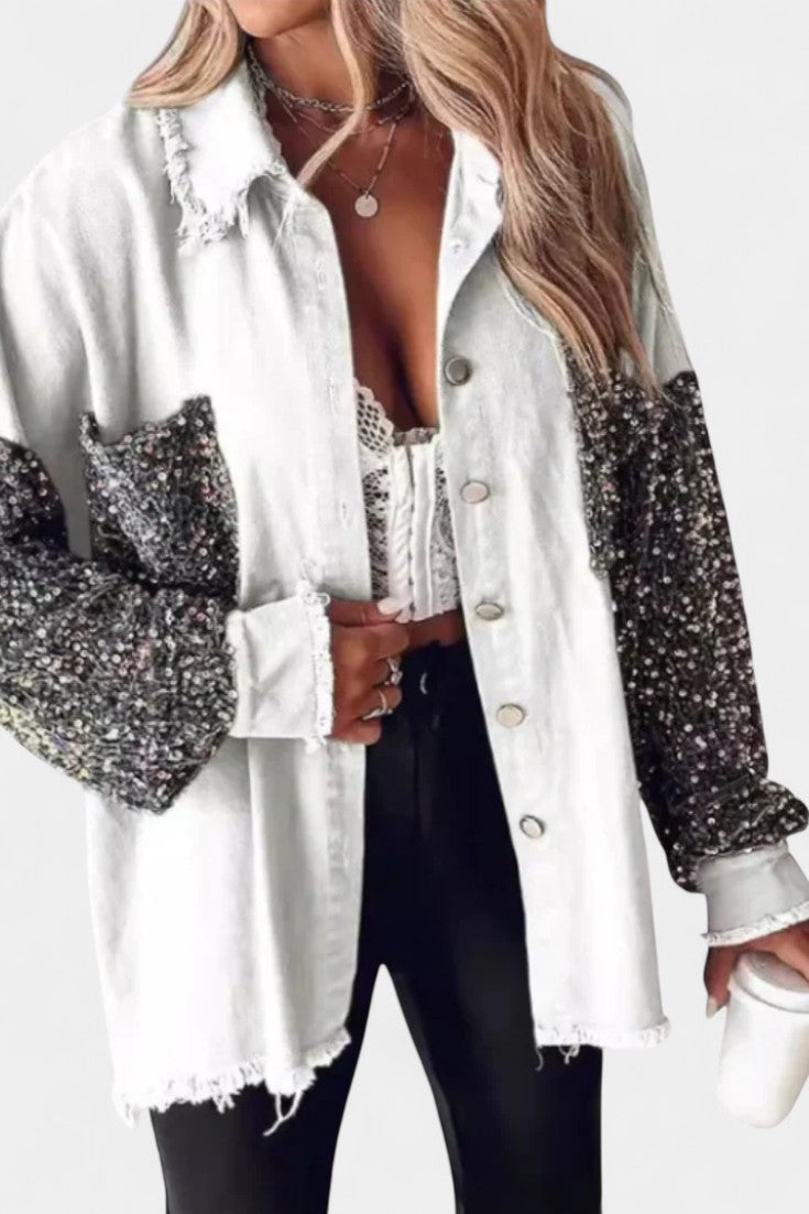 Birgit Oversized Jean Jacket with Frayed Hem and Sequin Accents