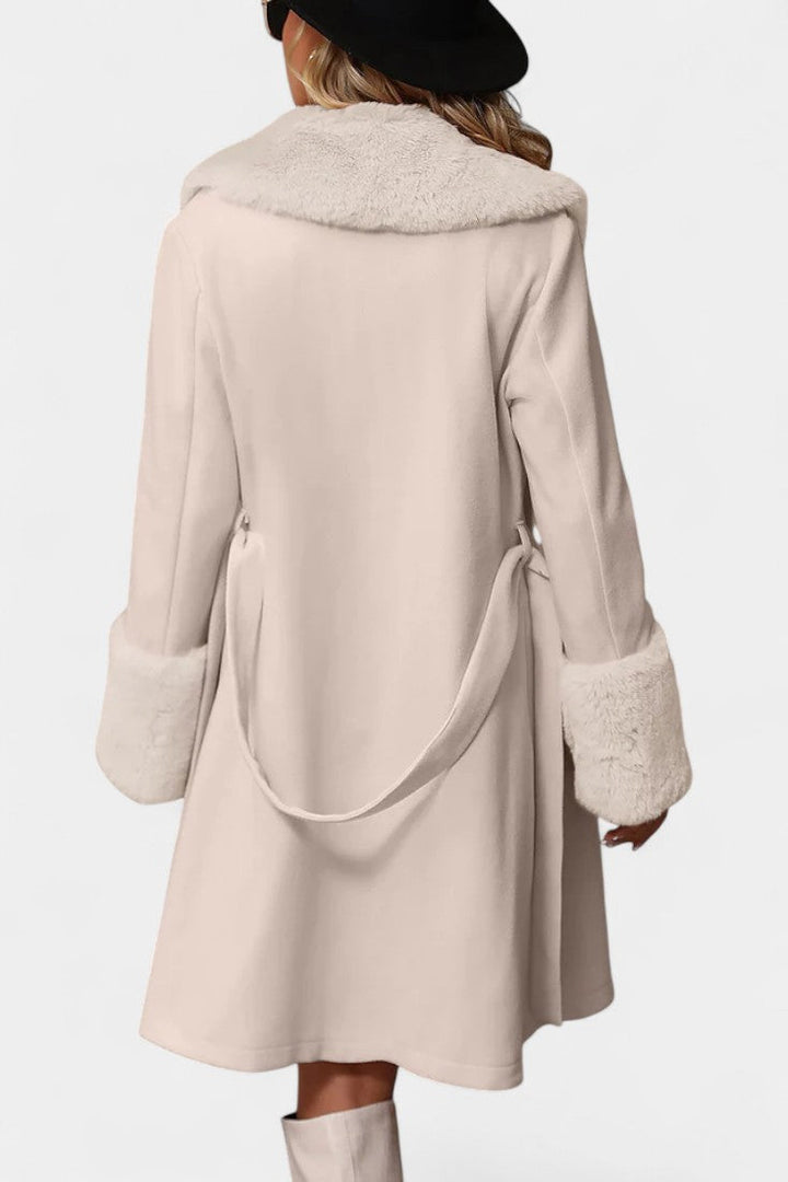 Colombine Belted Trapeze Coat with Faux Fur Accents