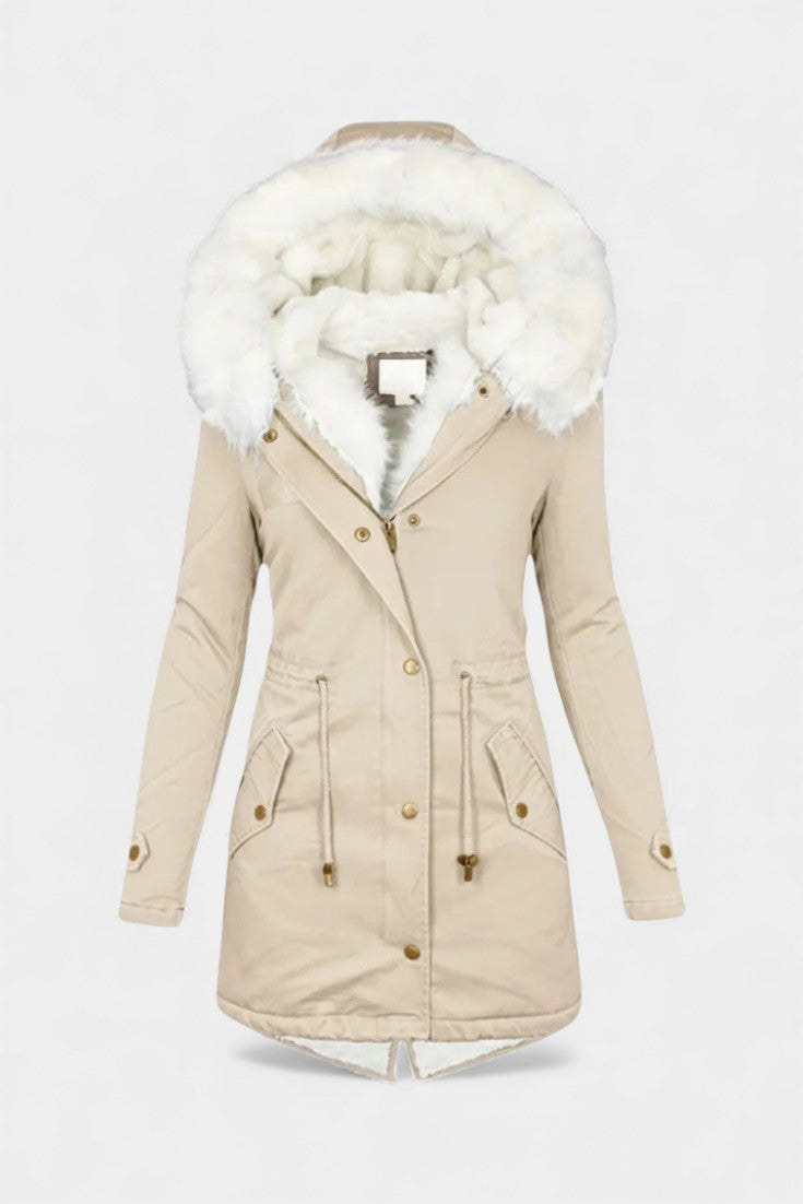 Lanra Belted Hooded Winter Parka with Faux Fur Trim
