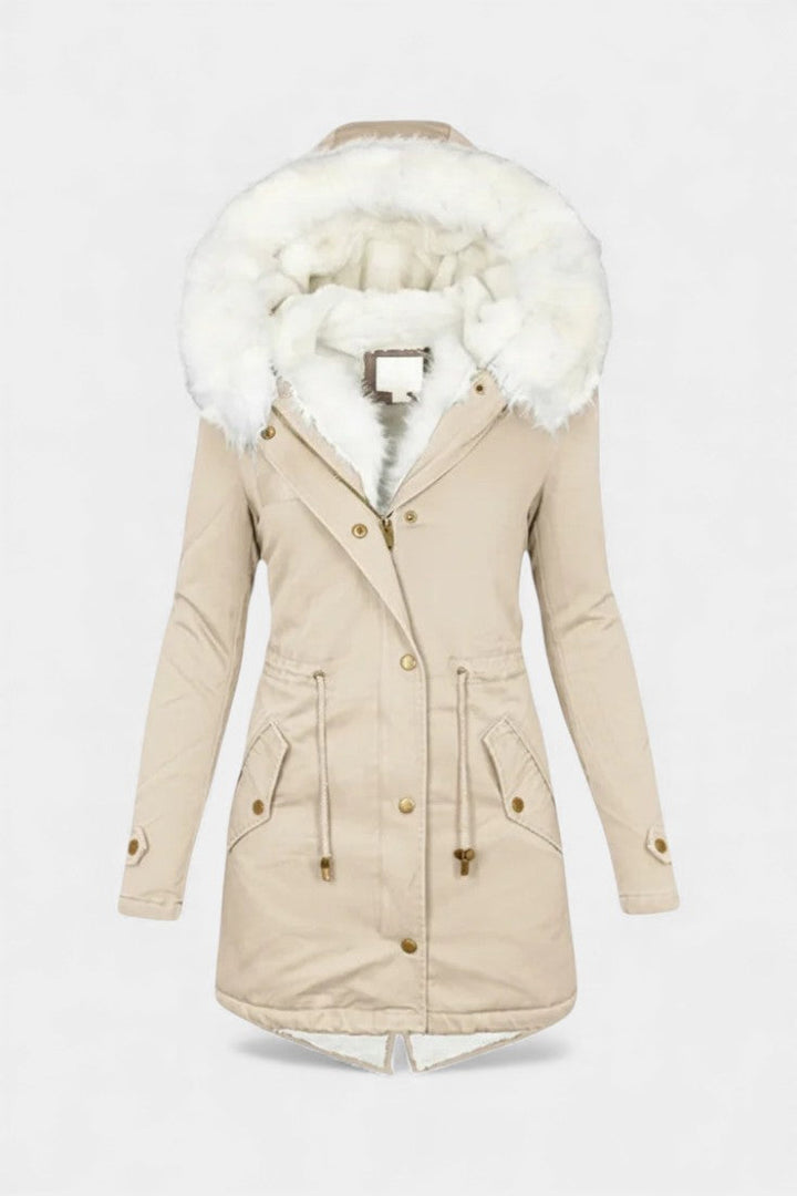 Lanra Belted Hooded Winter Parka with Faux Fur Trim