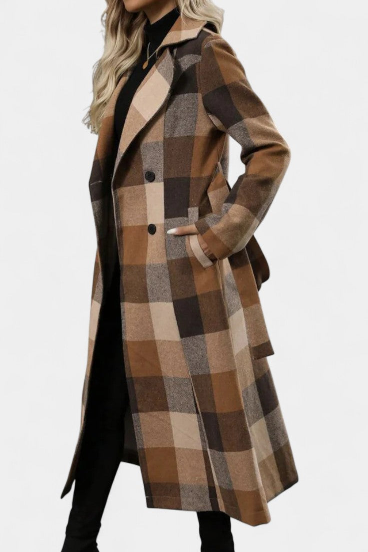 Mélissandre Long Plaid Double-Breasted Coat featuring Notched Collar