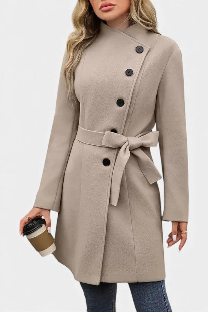 Yuliana Long Button-Up Coat with Waist Tie