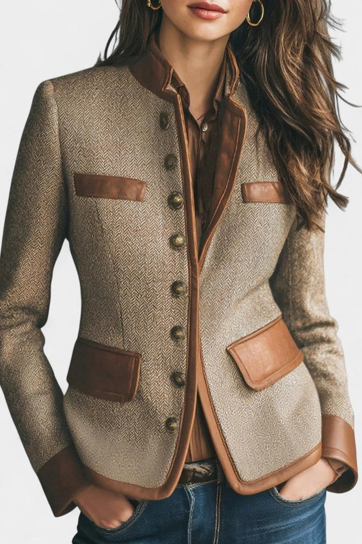 Letizia Chevron Jacket with Elevated Collar and Piped Details