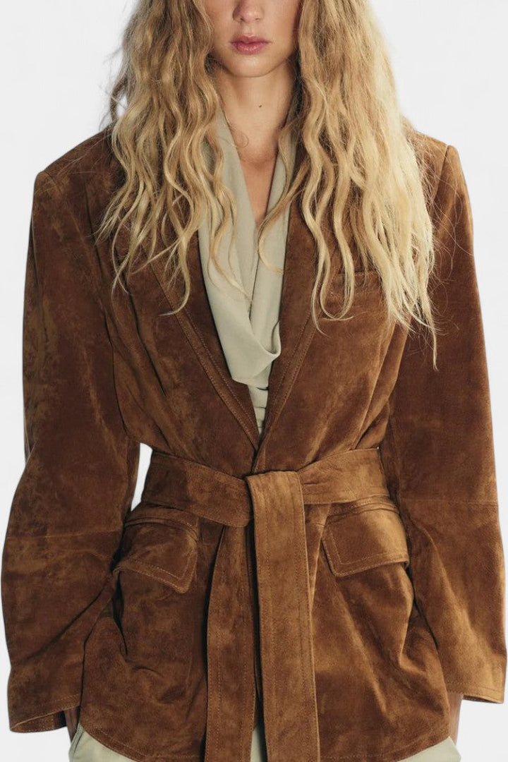 Kemina Classic Double-Breasted Suede Leather Coat