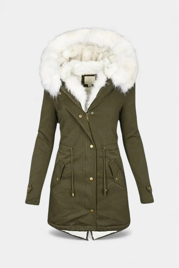 Lanra Belted Hooded Winter Parka with Faux Fur Trim