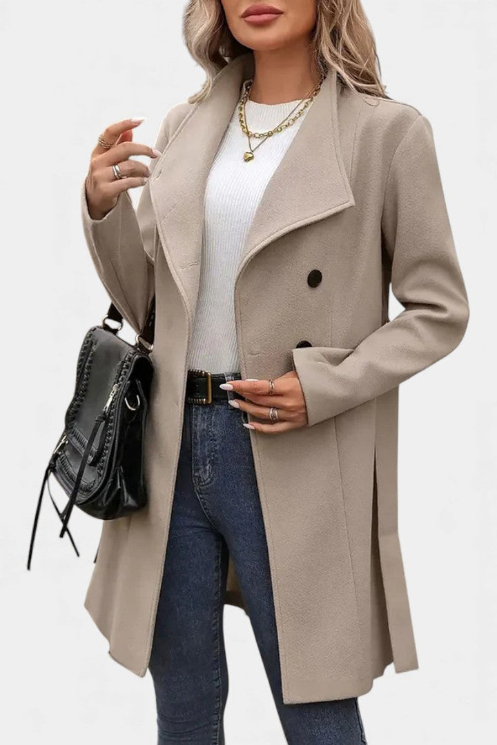 Yuliana Long Button-Up Coat with Waist Tie