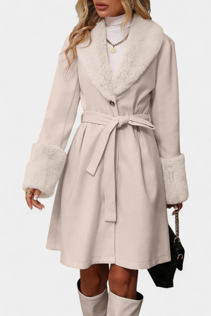 Colombine Belted Trapeze Coat with Faux Fur Accents