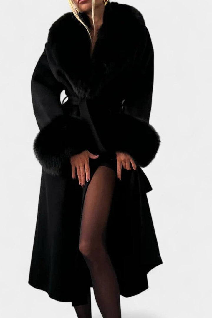 Lalie Long Coat with Faux Fur Trim and Belt