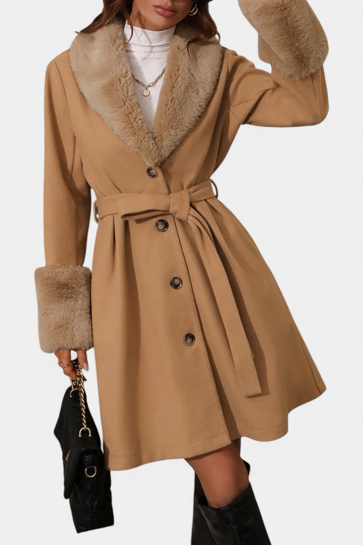 Colombine Belted Trapeze Coat with Faux Fur Accents