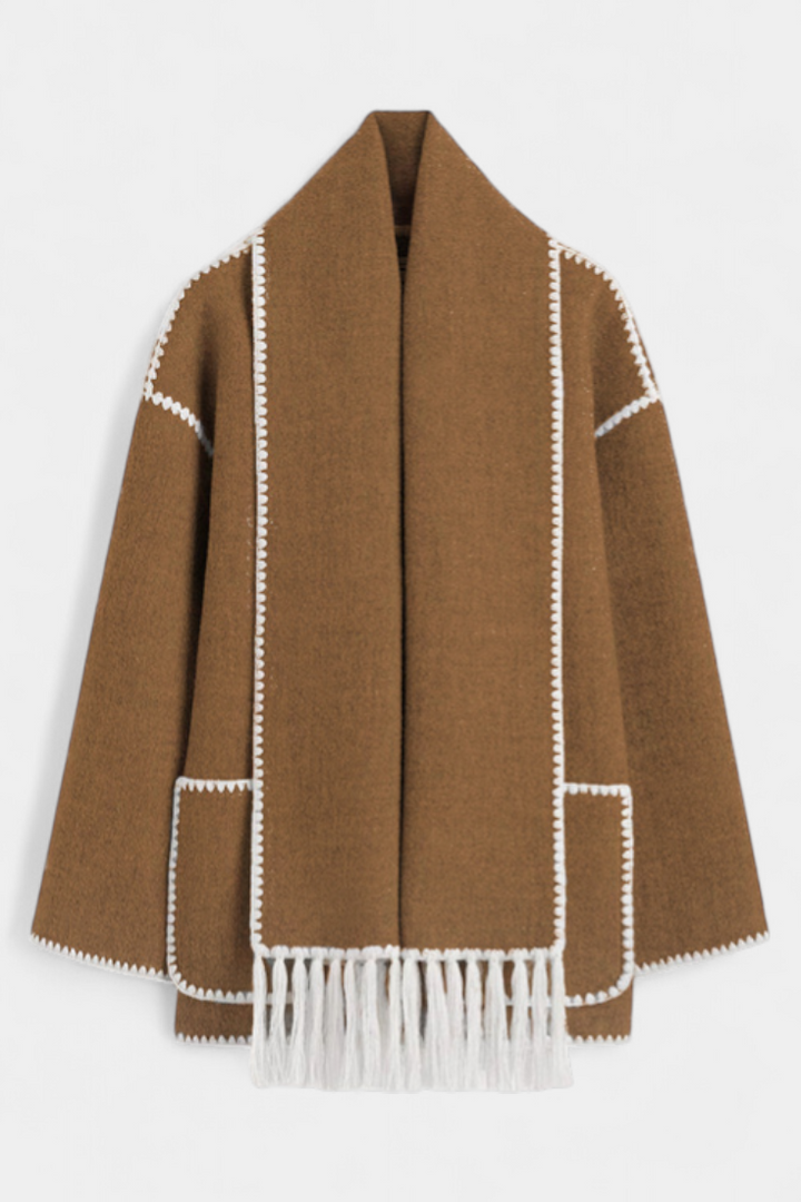 Pauline Coat Featuring Built-In Scarf and Elegant Flowing Design