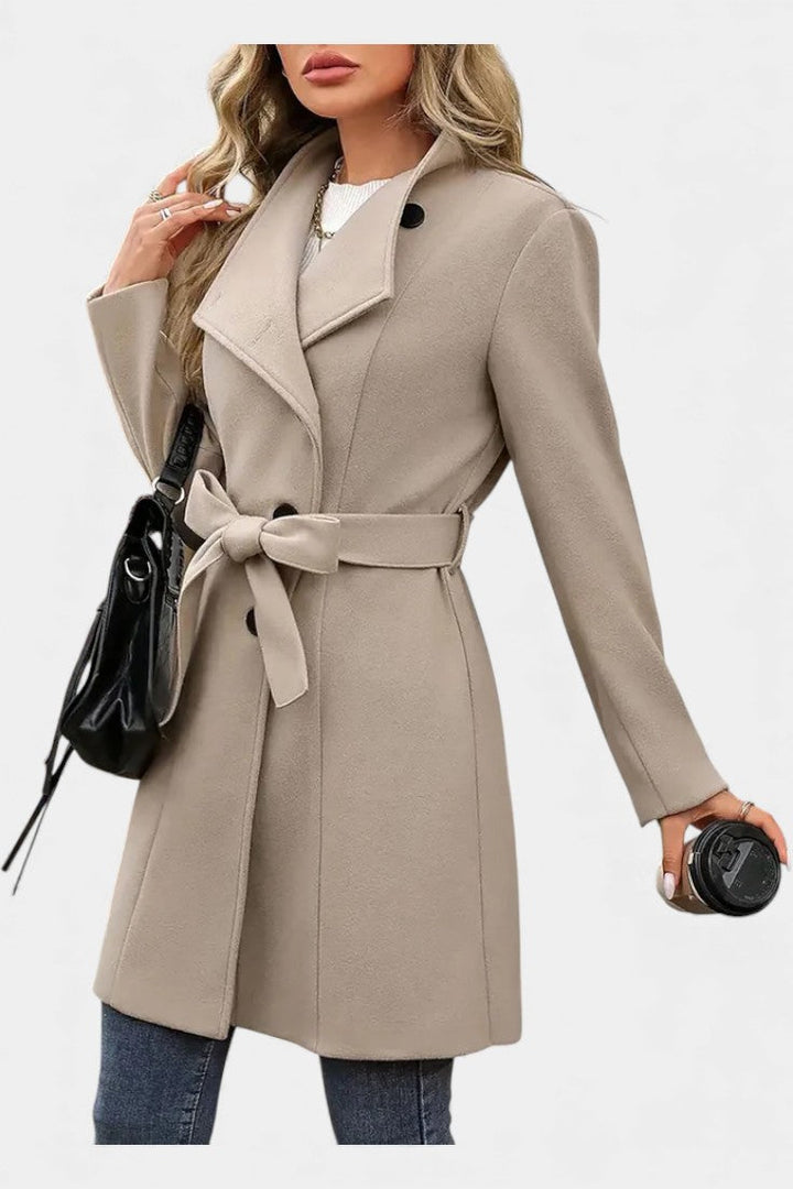 Yuliana Long Button-Up Coat with Waist Tie